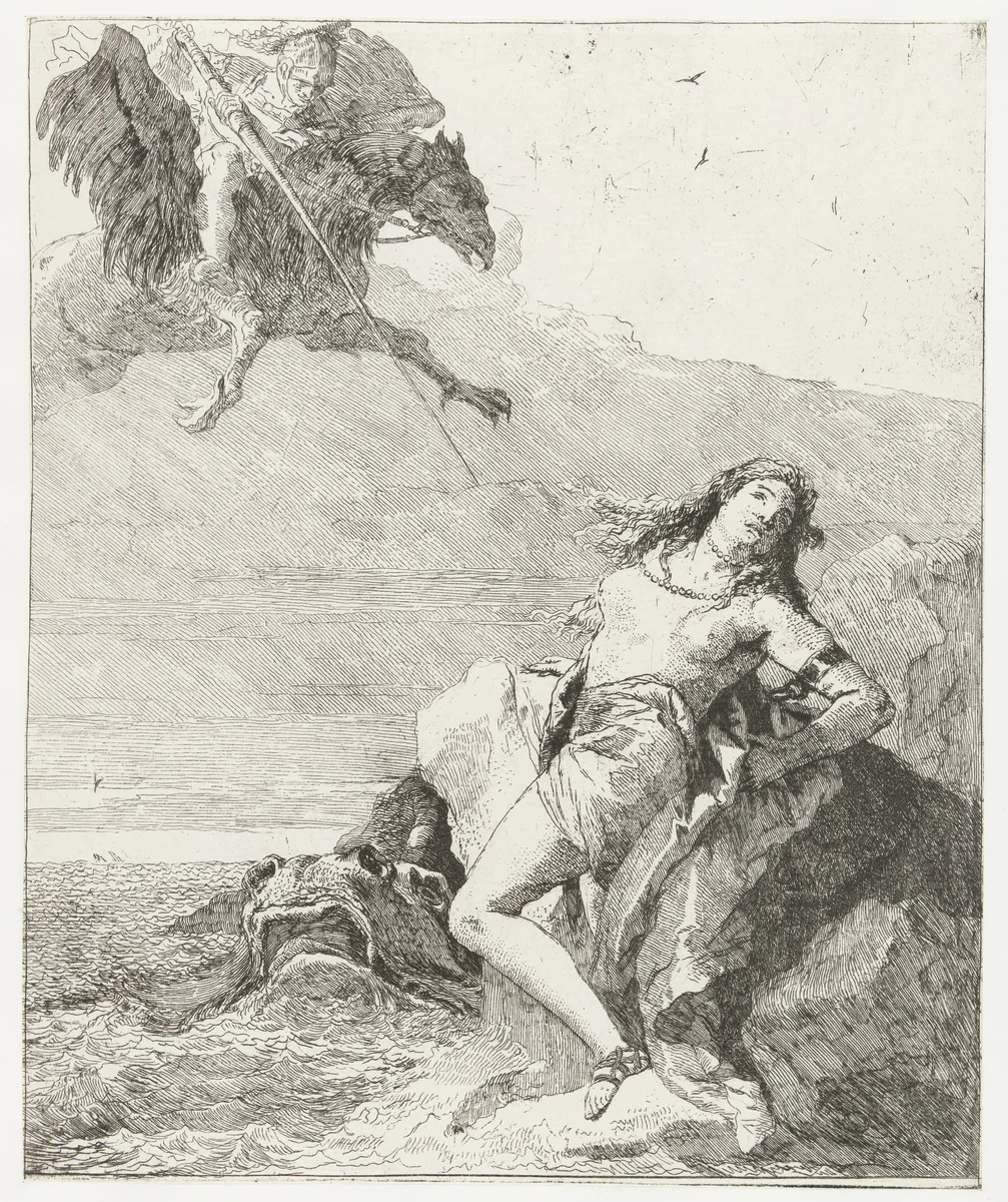 Angelica bedreigt door zeemonster wordt bevrijd door Ruggiero op hippogrief by Giovanni Domenico Tiepolo, print, 1757-1760