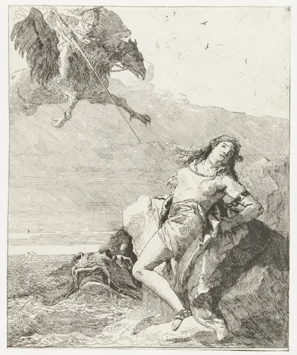 Angelica bedreigt door zeemonster wordt bevrijd door Ruggiero op hippogrief by Giovanni Domenico Tiepolo, print, 1757-1760
