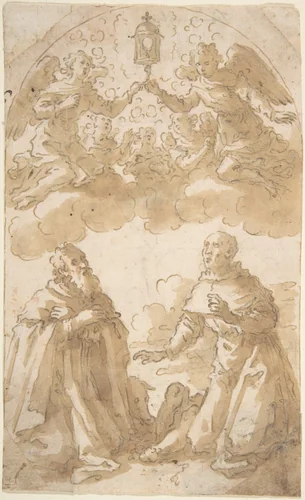 Two Male Saints Kneeling with Angels Holding a Reliquary by Marcantonio Bassetti, drawing, 1586-1630