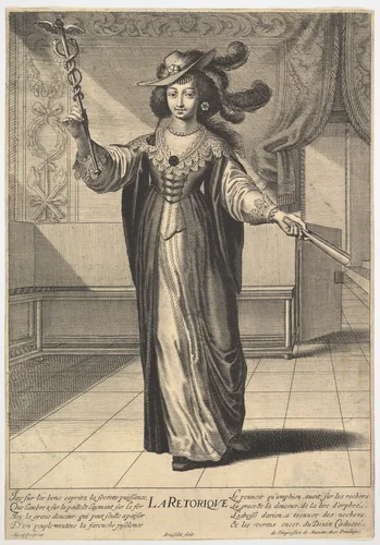 Rhetoric: a young woman standing in a decorated interior with a caduceus in her right hand and a closed fan in her left hand, from "The liberal arts" (Les arts liberaux) by Gilles Rousselet, print, 1633-1635