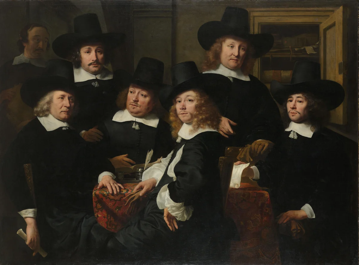 Six Regents and the Beadle of the Nieuwezijds Institute for the Outdoor Relief of the Poor, Amsterdam, 1657 by Ferdinand Bol, painting, 1657
