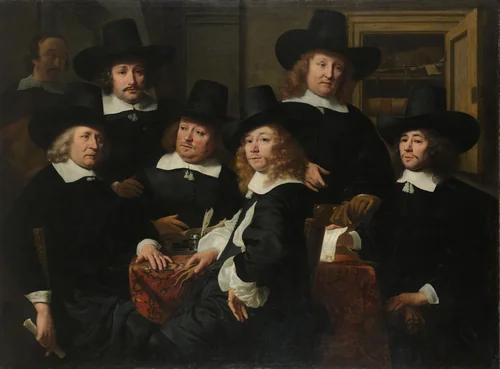 Six Regents and the Beadle of the Nieuwezijds Institute for the Outdoor Relief of the Poor, Amsterdam, 1657 by Ferdinand Bol, painting, 1657