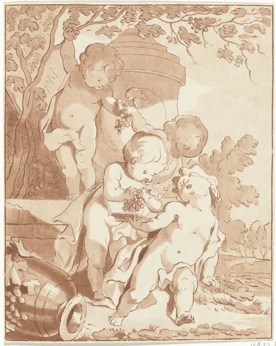 Vier druiven plukkende putti bij een vaas by Bernhard Schreuder, print, 1767-1780