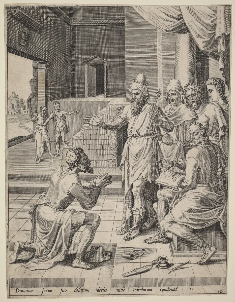 The King Forgiving His Servant His Debt by Dirck Volckertz Coornhert; Maerten van Heemskerck, print, 1554