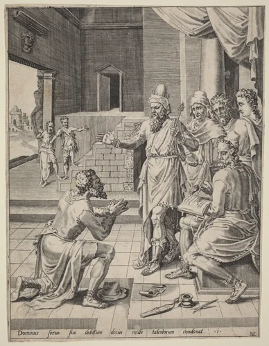 The King Forgiving His Servant His Debt by Dirck Volckertz Coornhert; Maerten van Heemskerck, print, 1554