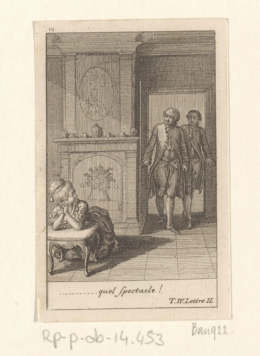 St. Preux en heer Wolmar komen binnen en zien Julie bidden by Daniel Nikolaus Chodowiecki, print, 1782