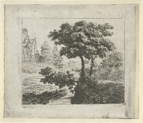 Landschap met kerk op een heuvel by Johannes Adrianus van der Drift, print, 1823-1883