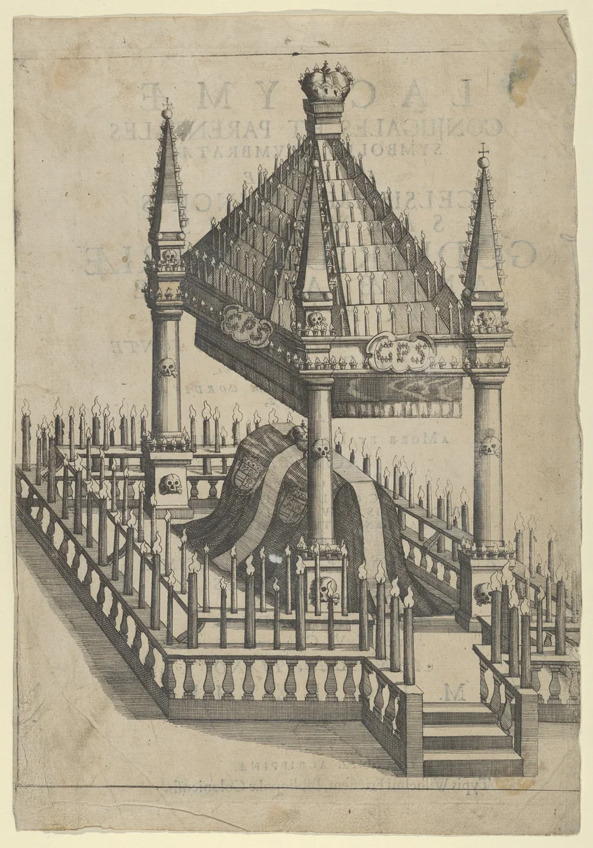 Catafalque for Prince Gottfried Maria Ignaz, frontispiece to 'Lacrymae Conjugales et Parentales... ' by anonymous, print, 1677