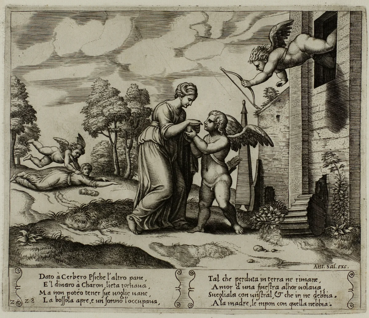 Psyche, Thinking to Appear More Beautiful..., Opens the Fateful Box by Raffaello Sanzio, print, 1530-1540