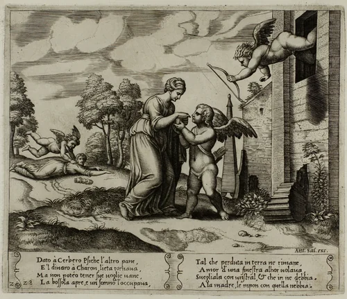 Psyche, Thinking to Appear More Beautiful..., Opens the Fateful Box by Raffaello Sanzio, print, 1530-1540