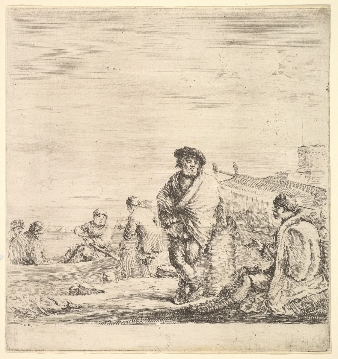 Standing sailor in center talking to a seated Levantine man to left, seen in profile, other sailors with a boat to left in the background by Stefano della Bella, print, 1658-1663