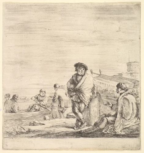 Standing sailor in center talking to a seated Levantine man to left, seen in profile, other sailors with a boat to left in the background by Stefano della Bella, print, 1658-1663