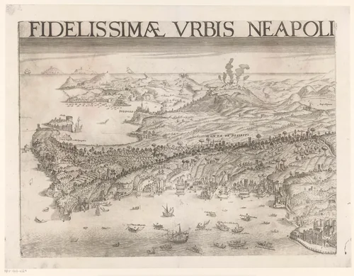 Detail van een gezicht op Napels in vogelvluchtperspectief by Alessandro Baratta, print, 1629