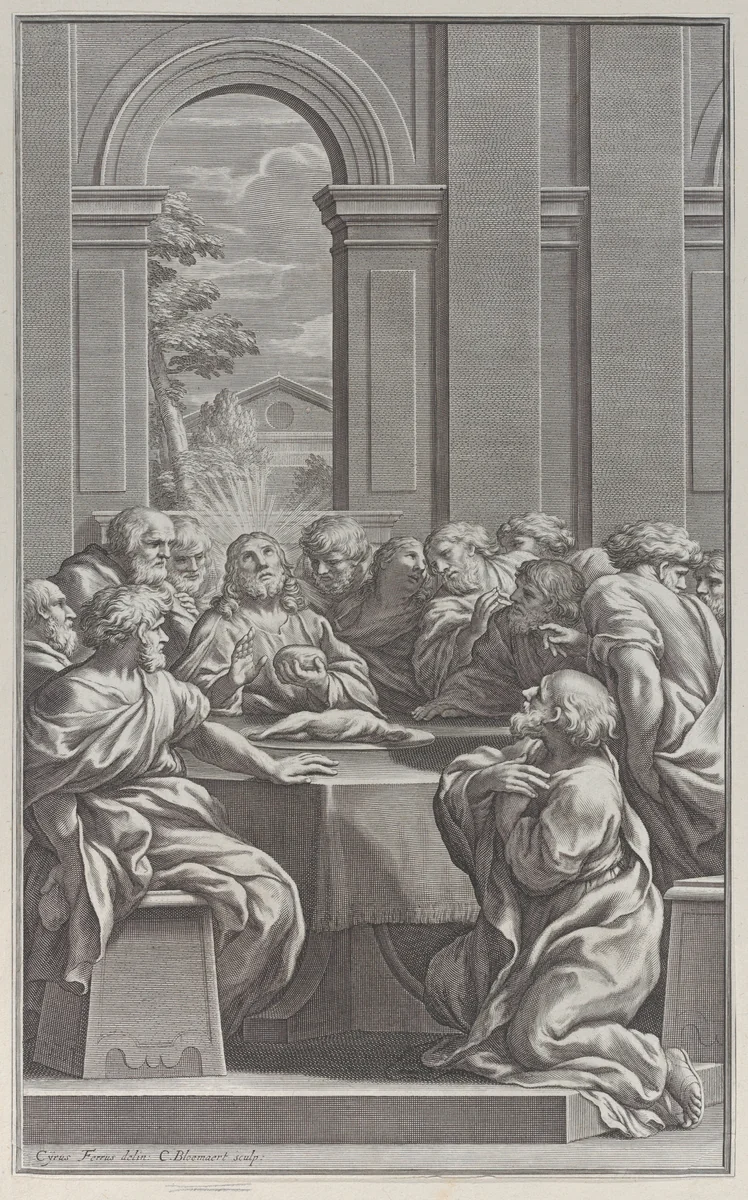 The Last Supper, the interior of a classical building with Christ and his apostles seated at a table by Cornelis Bloemaert, print, 1662