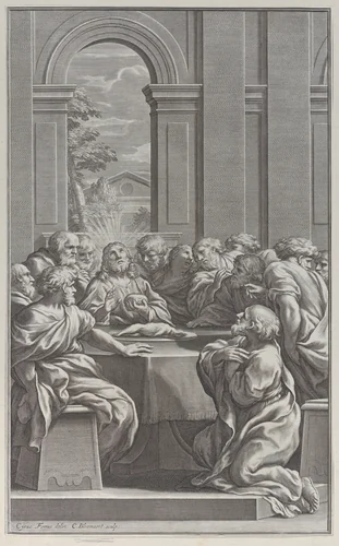 The Last Supper, the interior of a classical building with Christ and his apostles seated at a table by Cornelis Bloemaert, print, 1662