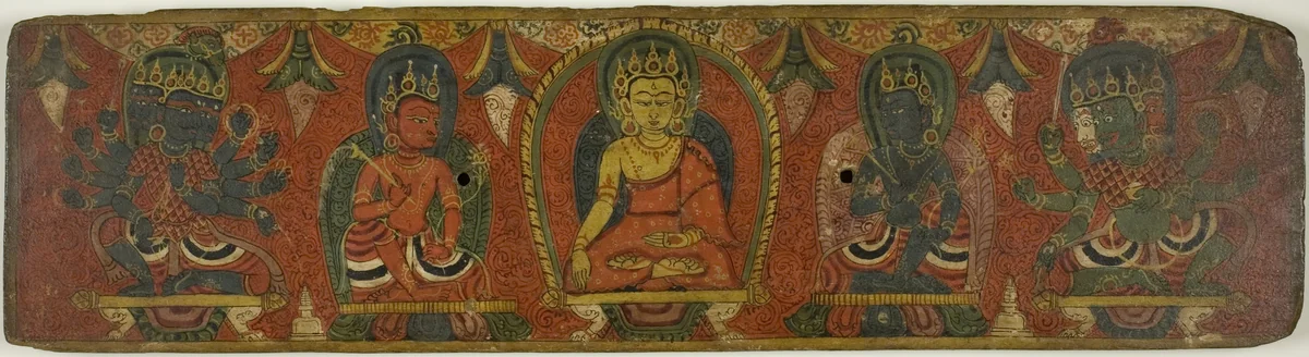 Manuscript Cover with Buddha, Two Bodhisattvas and Two Protective Deities (Lokapalas) by Nepal, manuscript, 1570-1580