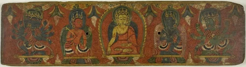 Manuscript Cover with Buddha, Two Bodhisattvas and Two Protective Deities (Lokapalas) by Nepal, manuscript, 1570-1580