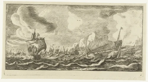 Haringbuizen op zee by anonymous, print, 1730-1760