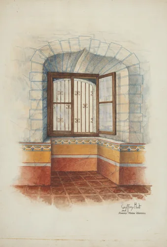 Restoration Drawing: Wall Painting Around Window, with Grille by Harry Mann Waddell, index of american design, 1939