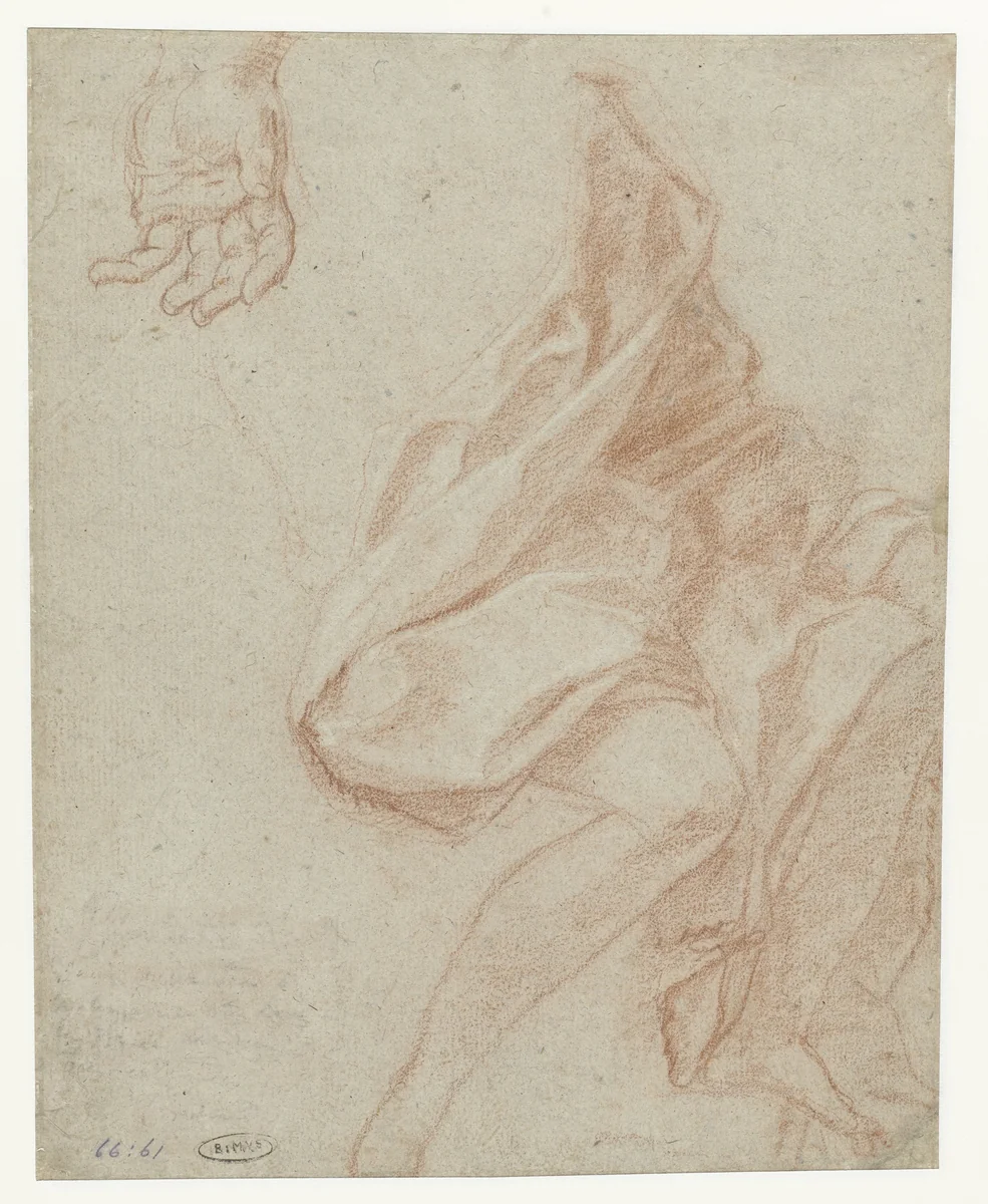 Studies voor het onderlichaam en benen en binnenzijde van hand van Hieronymus by Benedetto Luti, drawing, 1676-1724