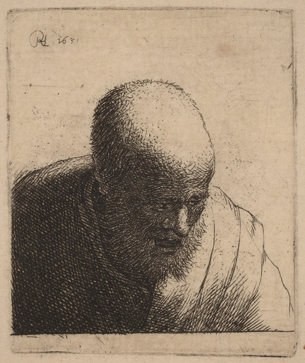 Bald Man with Open Mouth, Looking Down by Rembrandt van Rijn, print, 1630