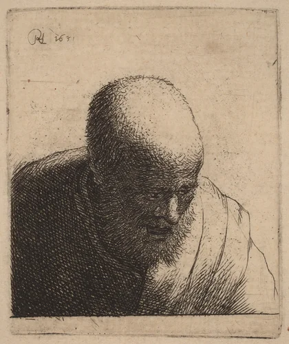 Bald Man with Open Mouth, Looking Down by Rembrandt van Rijn, print, 1630