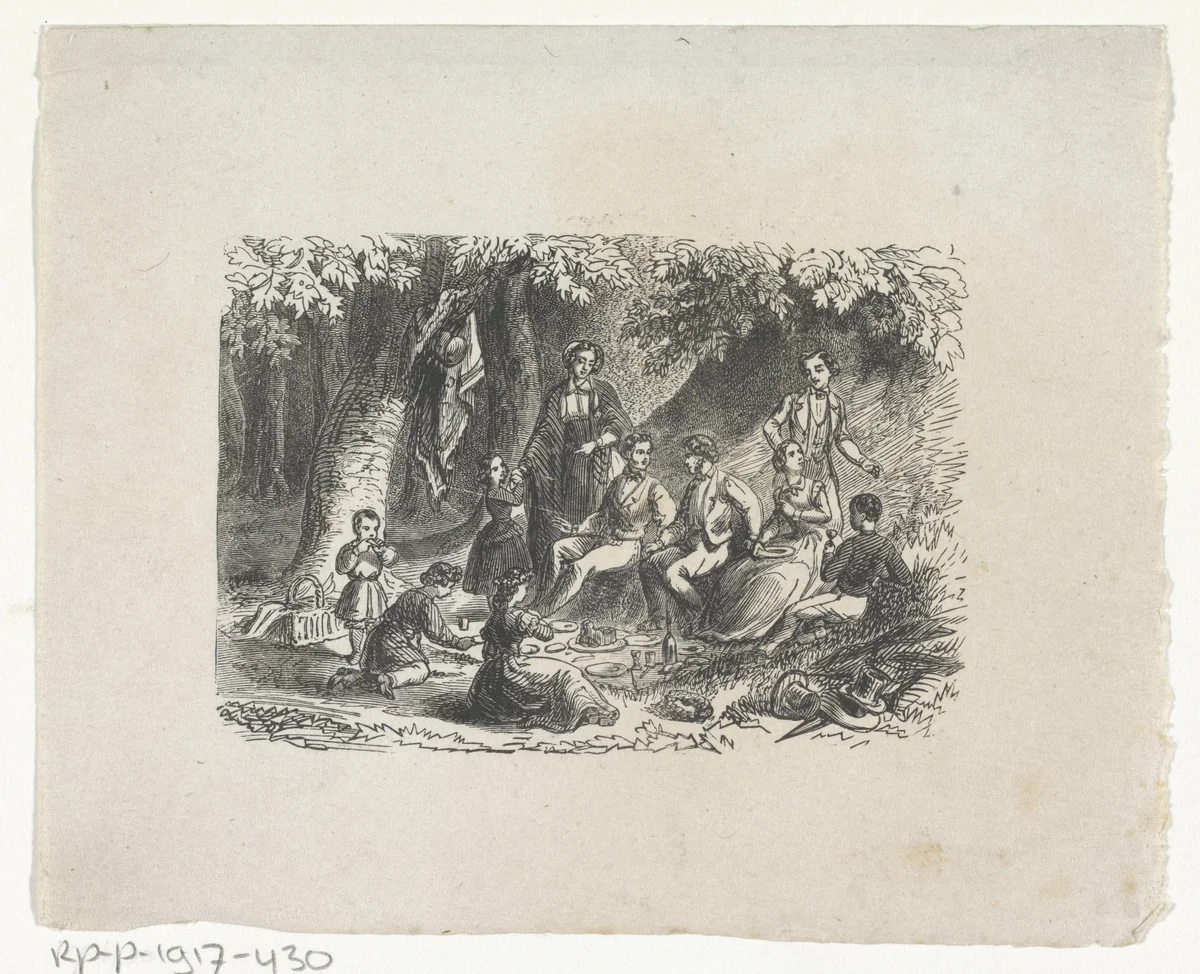 Picknick in het bos by Rombertus Julianus van Arum, print, 1822-1883
