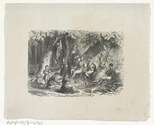 Picknick in het bos by Rombertus Julianus van Arum, print, 1822-1883