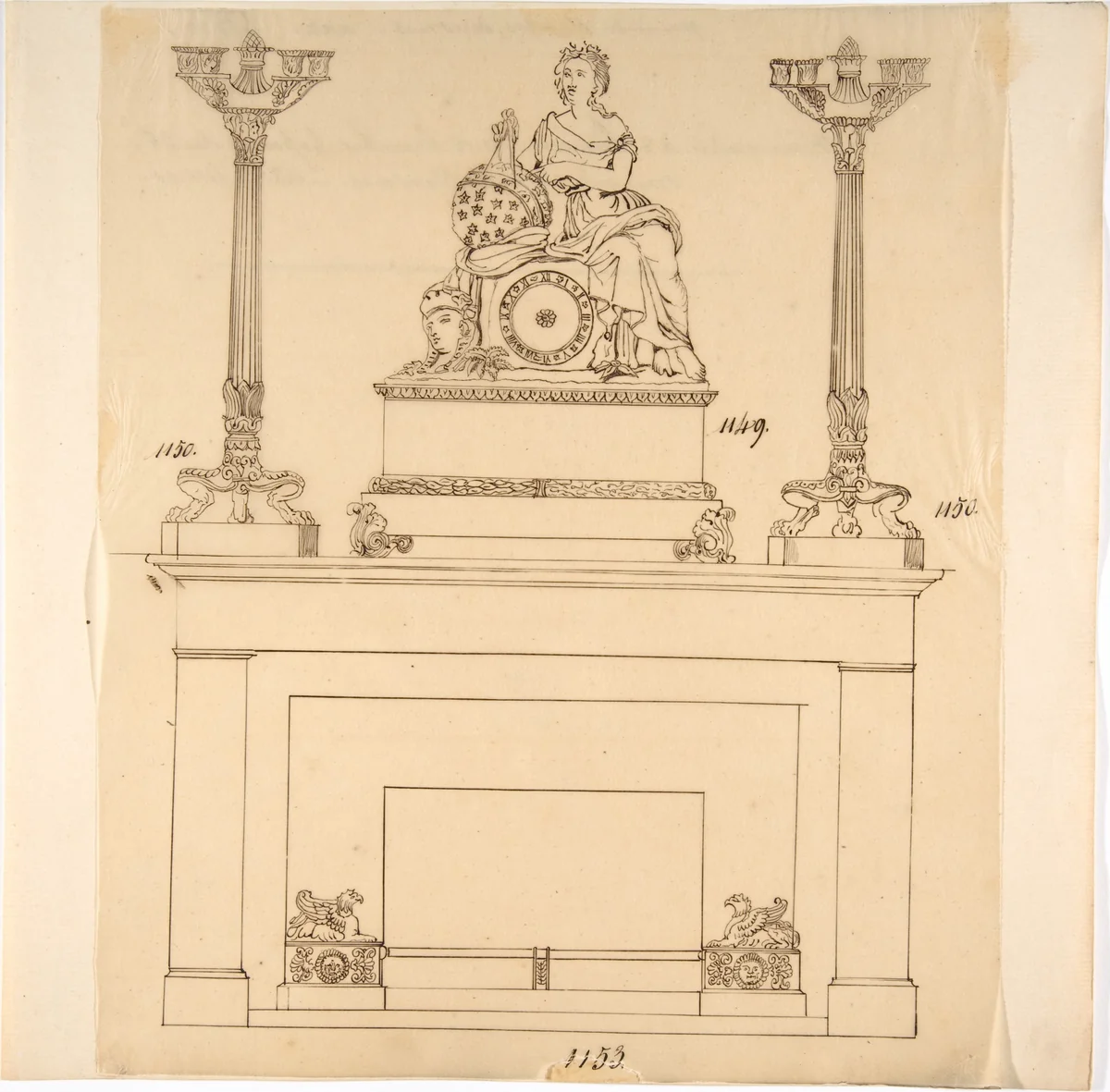 Designs for Fireplace Iron, Mantle Candlesticks and a Clock by anonymous, drawing, 1800-1899