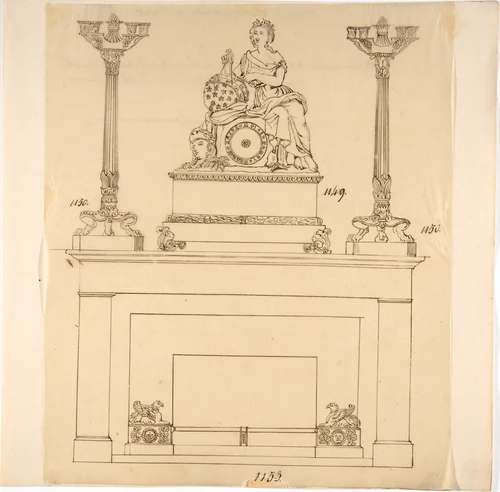 Designs for Fireplace Iron, Mantle Candlesticks and a Clock by anonymous, drawing, 1800-1899