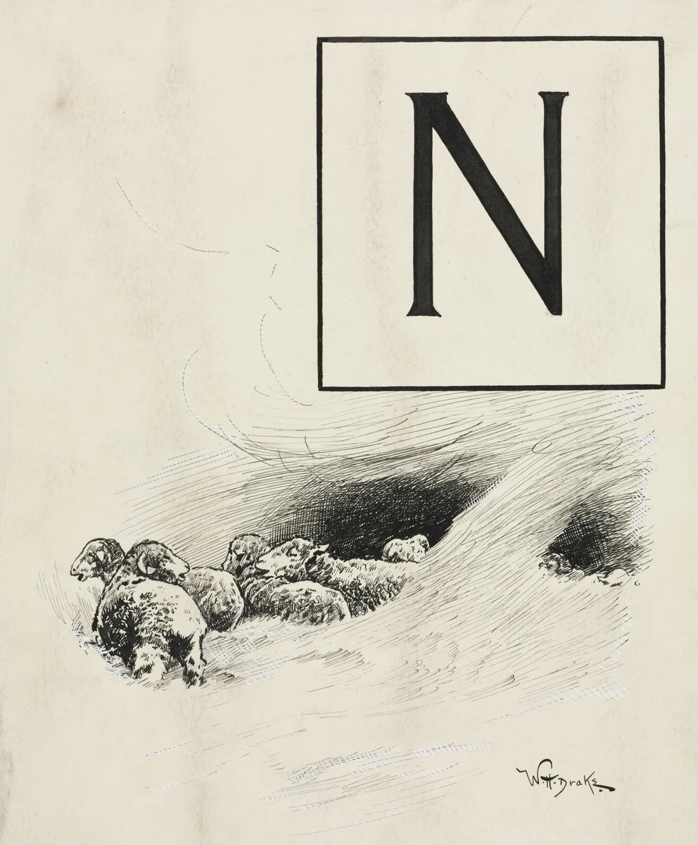 Inital N for Chapter L from "Lorna Doone" by William Henry Drake, drawing, 1889
