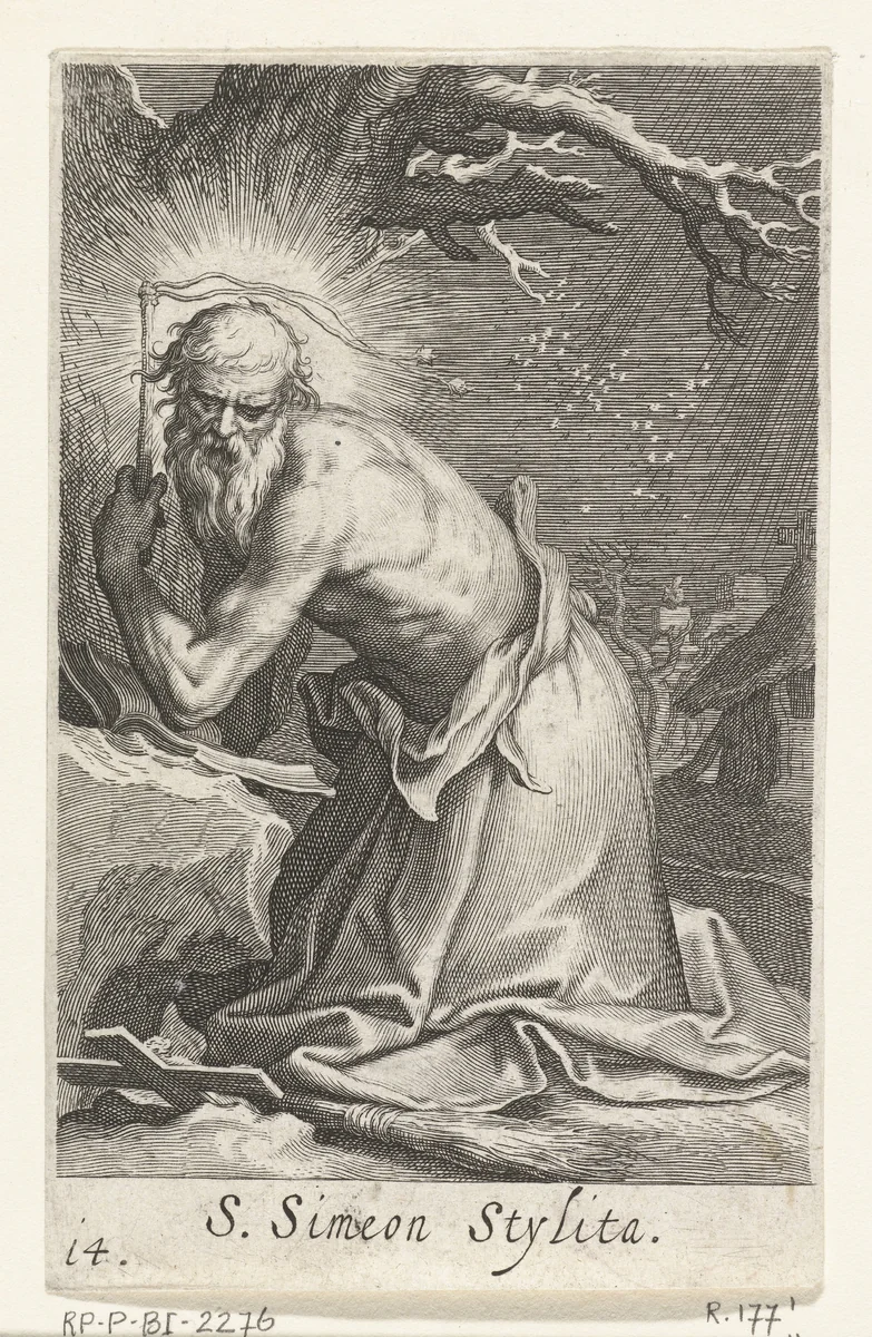 Heilige Simeon Stylites de Oudere als kluizenaar by Boëtius Adamsz. Bolswert, print, 1590-1612