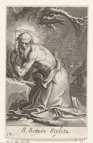 Heilige Simeon Stylites de Oudere als kluizenaar by Boëtius Adamsz. Bolswert, print, 1590-1612