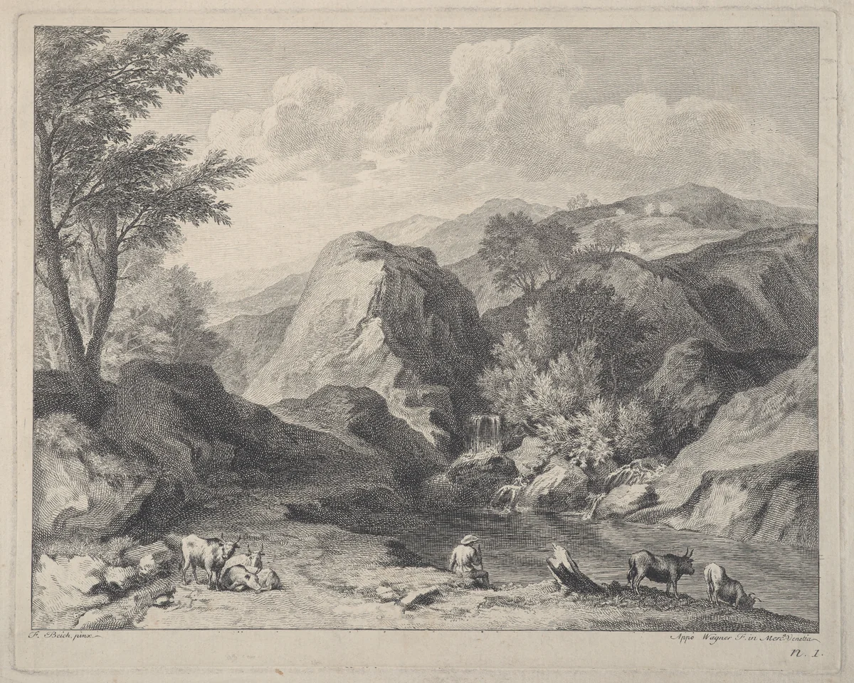 Mountainous landscape with herdsmen and cows by Joseph Wagner, print, 1720-1780