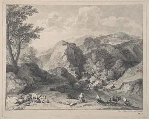 Mountainous landscape with herdsmen and cows by Joseph Wagner, print, 1720-1780