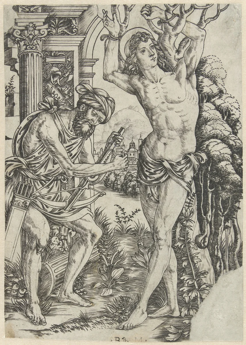 Heilige Sebastiaan vastgebonden aan boom met naast hem man met kruisboog by Unknown, print, 1500-1515