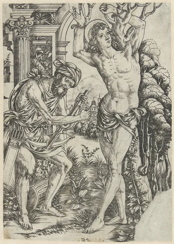 Heilige Sebastiaan vastgebonden aan boom met naast hem man met kruisboog by Unknown, print, 1500-1515