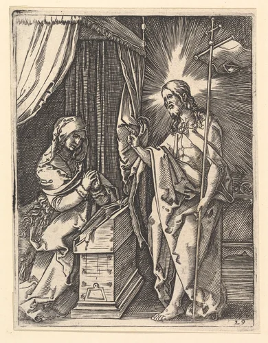 Christ appearing to Mary who is kneeling in prayer, from "The Passion of Christ", after Dürer by Marcantonio Raimondi, print, 1495-1539