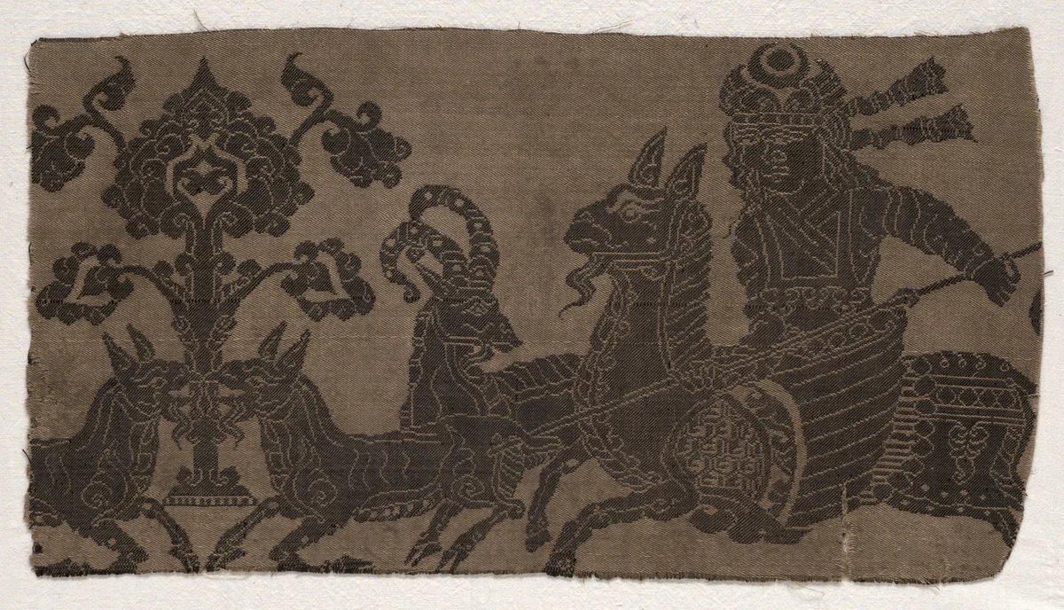 Fragment with Mounted Hunter Spearing Animals by Unknown, textile, 900-1982