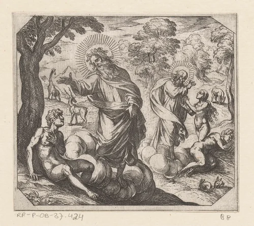 De schepping van Adam en Eva by Antonio Tempesta, print, 1565-1630