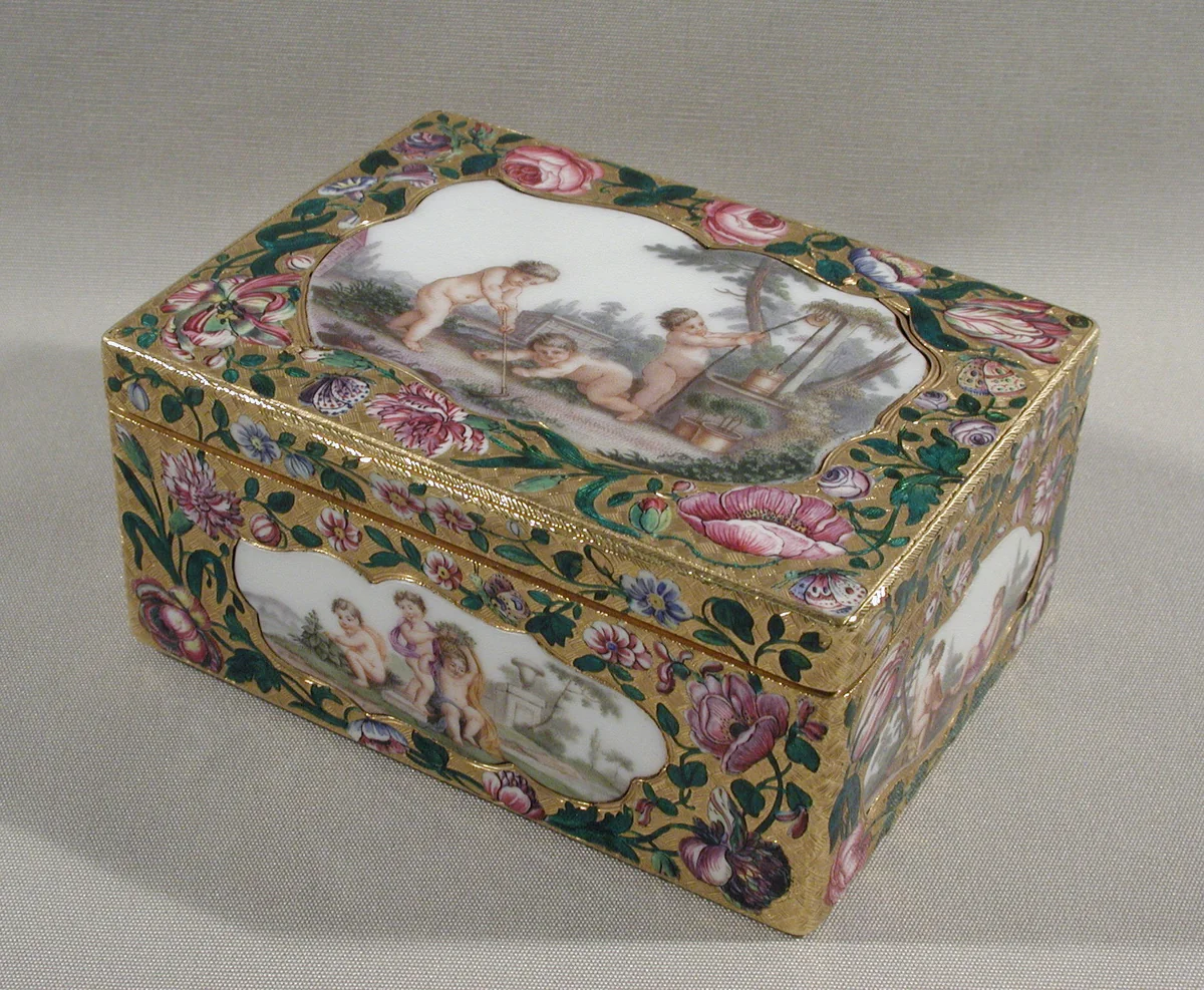 Snuffbox with scenes of children in pastoral settings by Jean François Breton, metalwork, 1752-1753