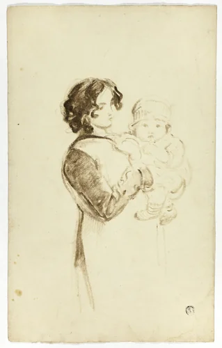Young Woman Holding Baby by Thomas Jones Barker, drawing, 1825-1835