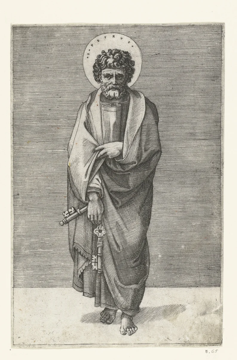 Apostel Petrus met sleutels by Marcantonio Raimondi, print, 1517-1527