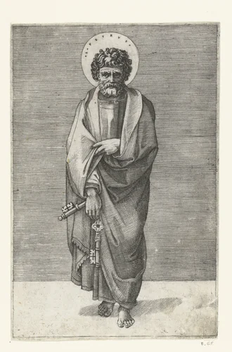 Apostel Petrus met sleutels by Marcantonio Raimondi, print, 1517-1527