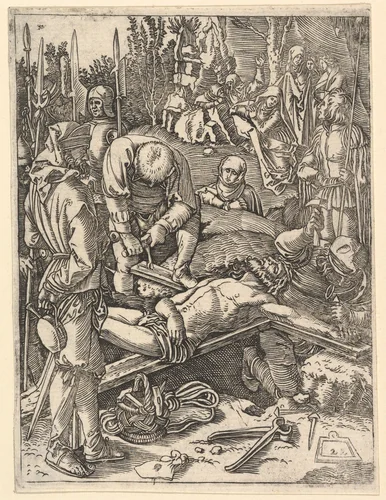 Two men nailing Christ to the cross before onlookers, from "The Passion of Christ", after Dürer by Marcantonio Raimondi, print, 1495-1539