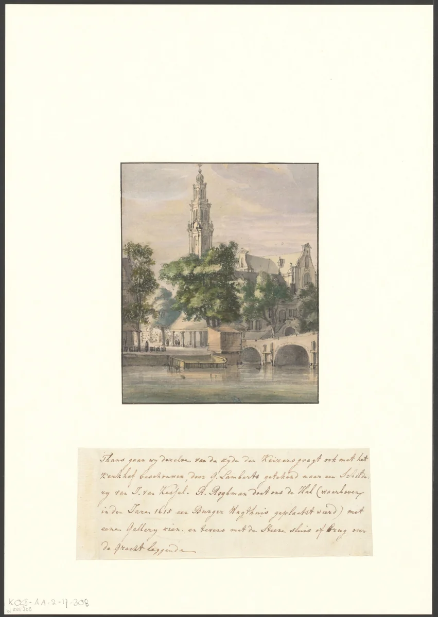 Gezicht op de Westerhal en de Westerkerk vanaf de Keizersgracht by Roelant Roghman, drawing, 1637-1692