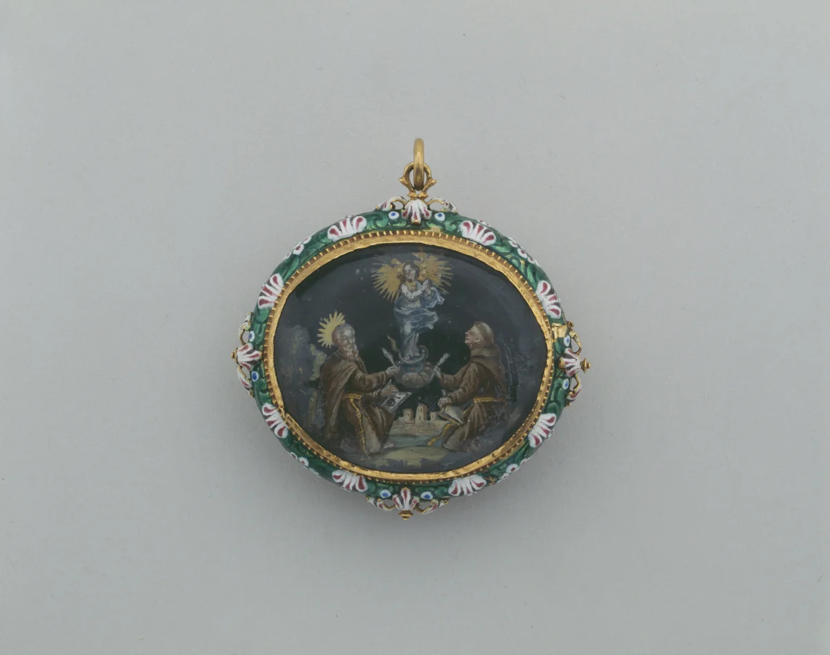 Double-Sided Pendant with the Virgin Immaculate with Ramon Llull and Duns Scotus and the Virgin and Child Appearing to Saint Catherine by Spanish, metalwork, 1675-1750