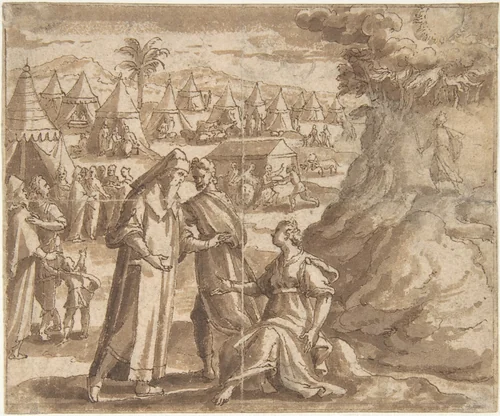 Aaron and Nadab Taking Leave of Elisheba (?), with the Israelites Camped before Mount Sinai and Moses Ascending the Mountain. by Adam van Noort, drawing, 1580-1641