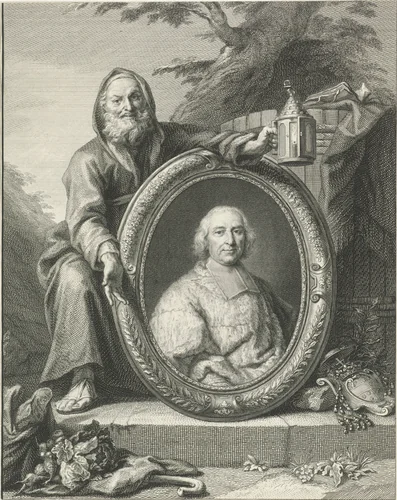 Diogenes bij een portret van André-Hercule de Fleury by Jacob Houbraken, print, 1708-1780