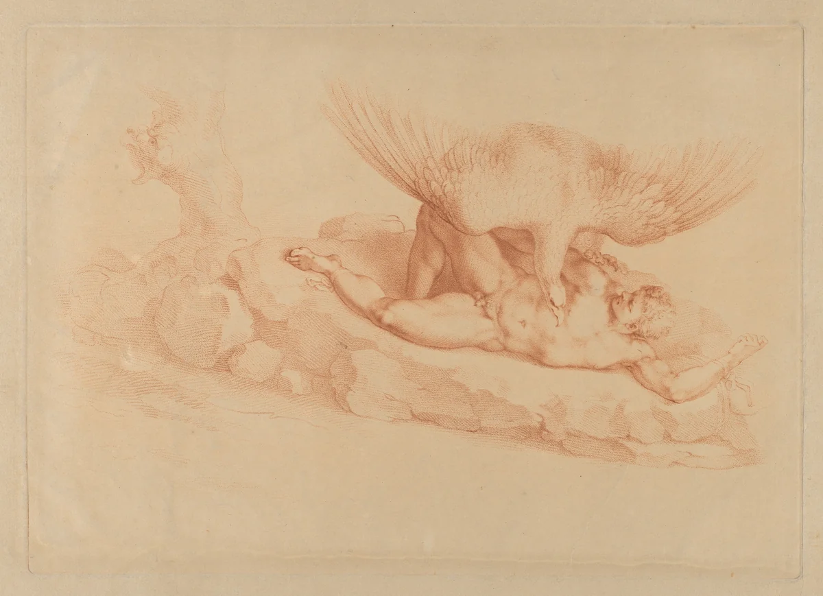 Prometheus, naked, chained to a rock, looking up at an eagle standing over him by Francesco Bartolozzi, print, 1795